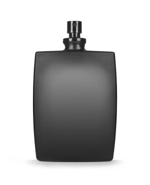 Beyaz arka planda izole edilmiş siyah parfüm şişesi