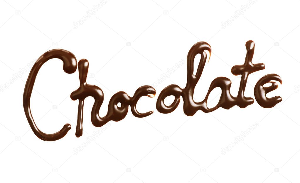 the word Chocolate written by liquid chocolate on white backgr