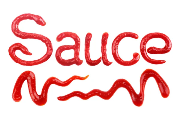 Slovo omáčka napsané s kečupem na bílém — Stock fotografie