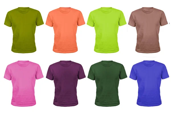 Dizi sekiz renk pamuk t-shirt üzerinde beyaz izole spor — Stok fotoğraf