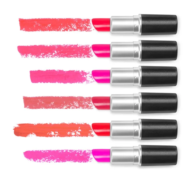 Zestaw kolorowe szminki ślad na białym tle — Zdjęcie stockowe