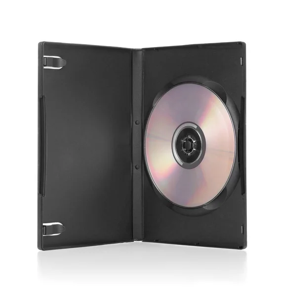 Caja de DVD negro con disco interior sobre fondo blanco — Foto de Stock