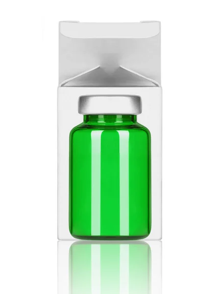Botella médica con caja de papel sobre fondo blanco —  Fotos de Stock