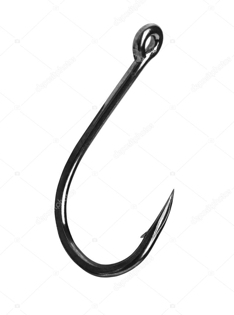 Stainless steel fishing hook close up on white background 
