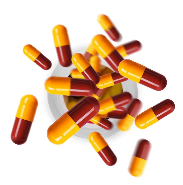 Las píldoras vuelan fuera de la botella médica sobre fondo blanco. —  Fotos de Stock