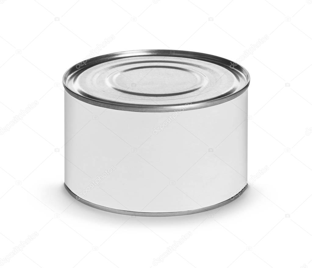 Closed fish or food tin can with blank white label isolated on w