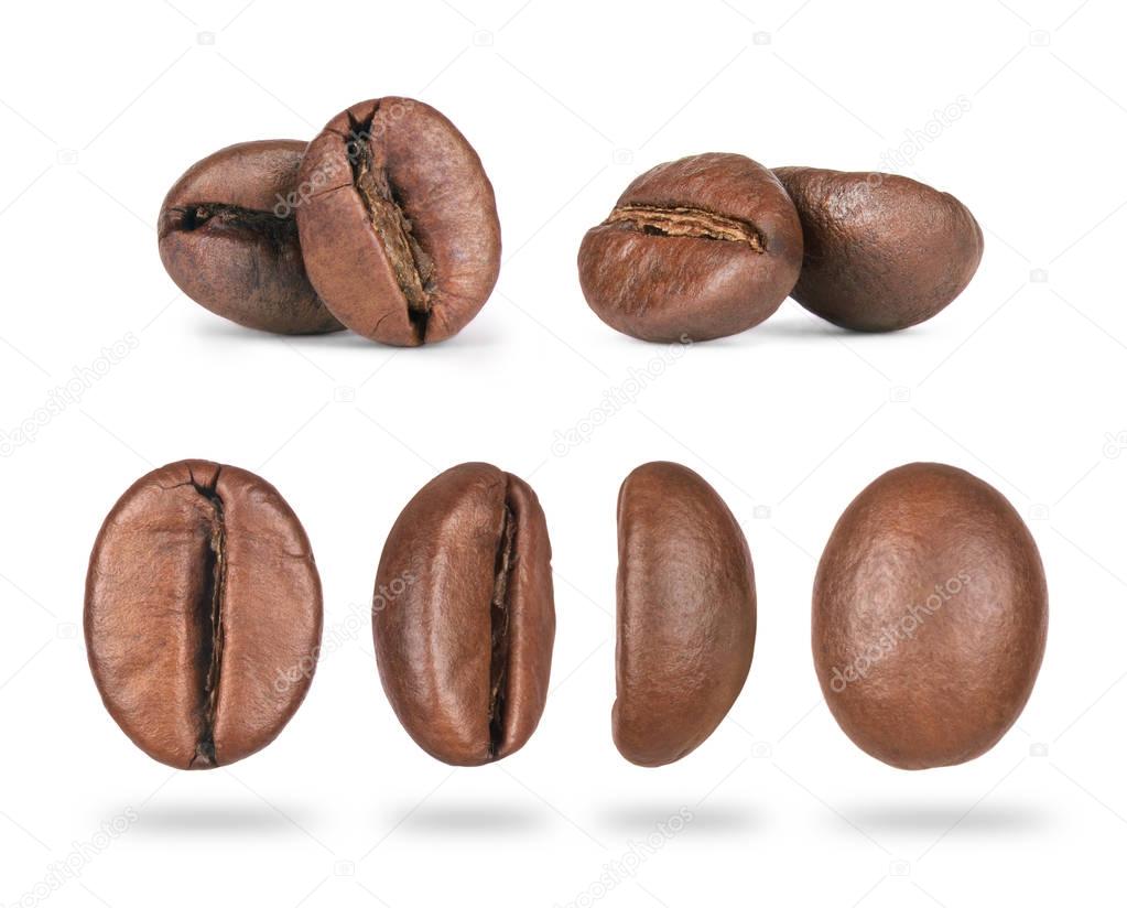 set of coffee beans close-up in different positions isolated on 