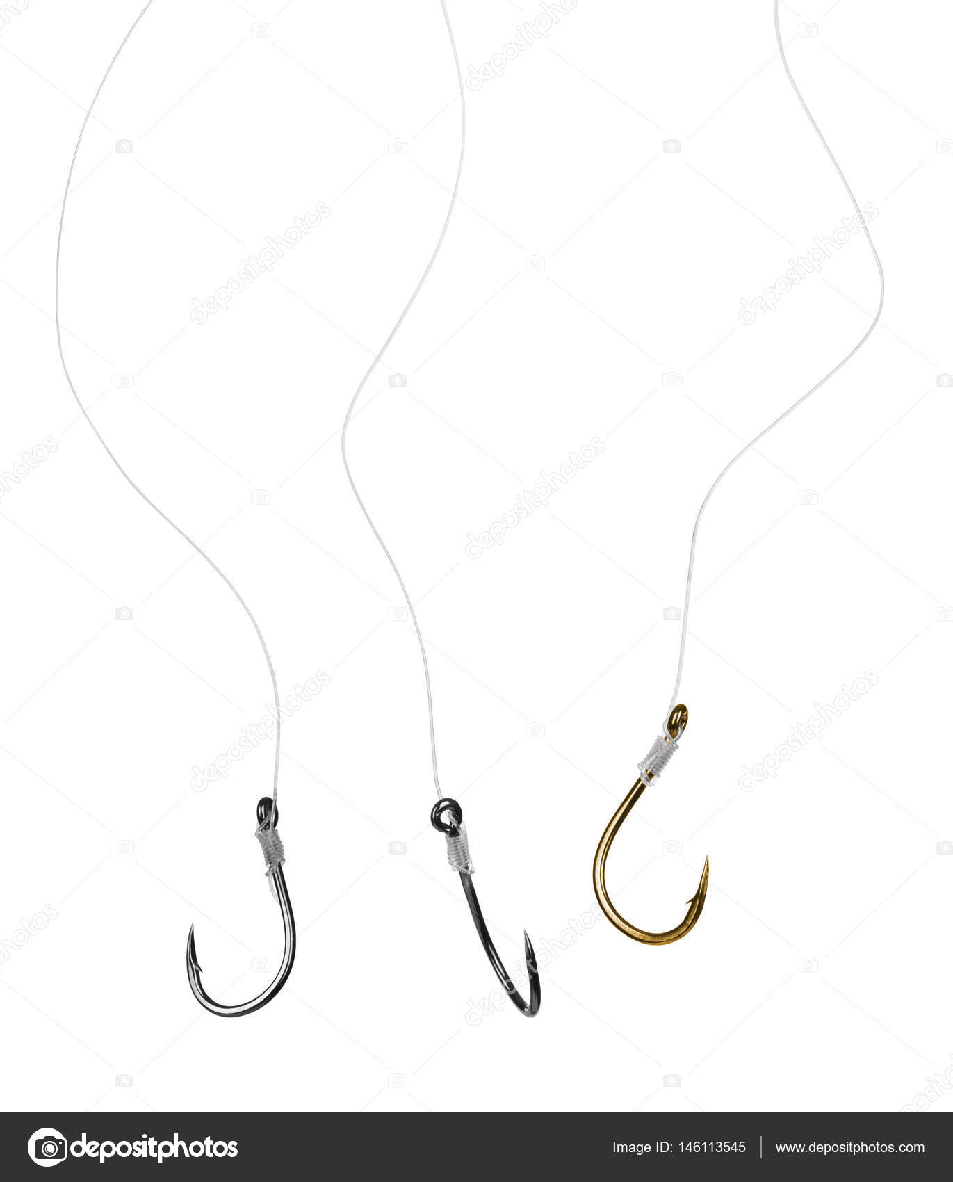 Steel fishing hooks with fishing line isolated on white backgrou