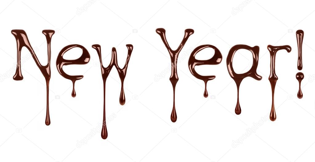 New Year written by liquid chocolate on white background