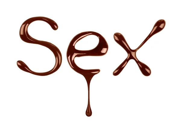 La palabra Sexo escrito por el chocolate líquido sobre fondo blanco — Foto de Stock