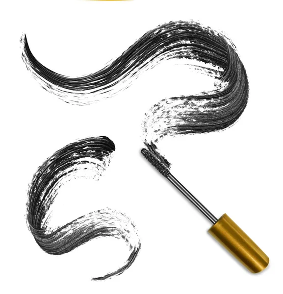 Strokes of black mascara with applicator brush close-up, isolate — Stock Photo, Image