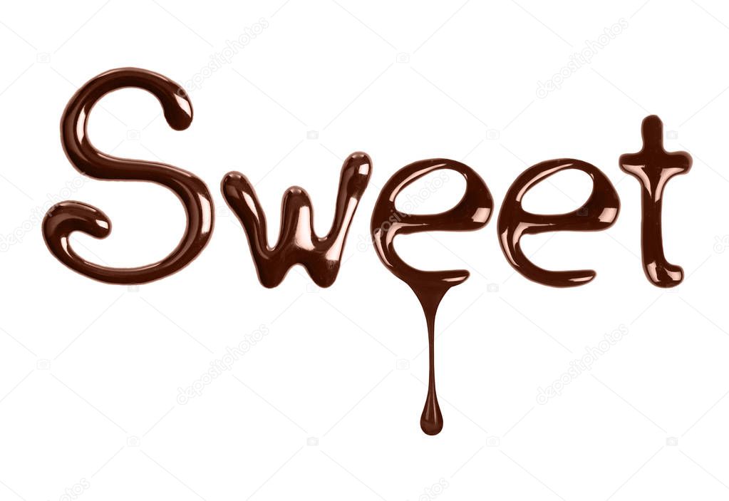 The word Sweet written by liquid chocolate on white background — Stock