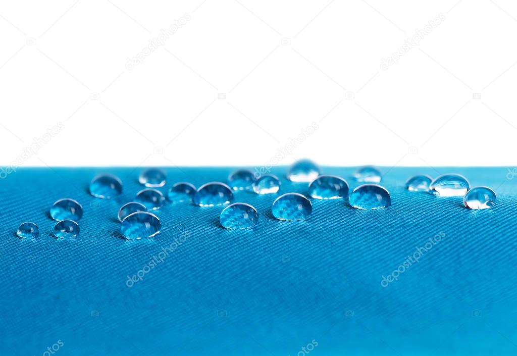 Blue waterproof fabric with waterdrops