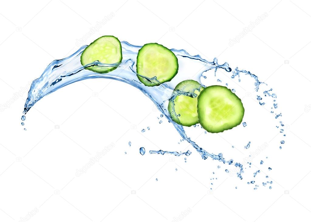 fresh slices of cucumber with water splashes isolated on white 