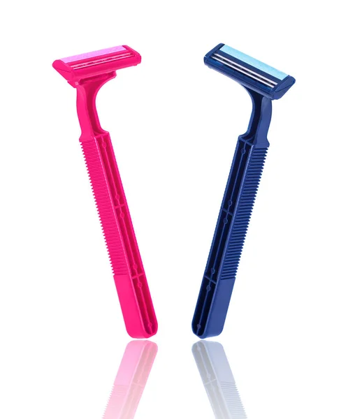 Pink lady shaver and blue shaver for men isolated on white backg — Stock Photo, Image