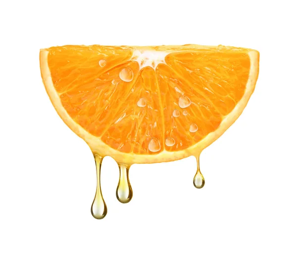 Gotas de suco caindo de laranja metade isolado no backgr branco — Fotografia de Stock