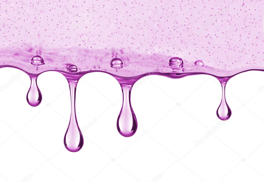 Stretched drops of transparent purple gel, isolated on white bac