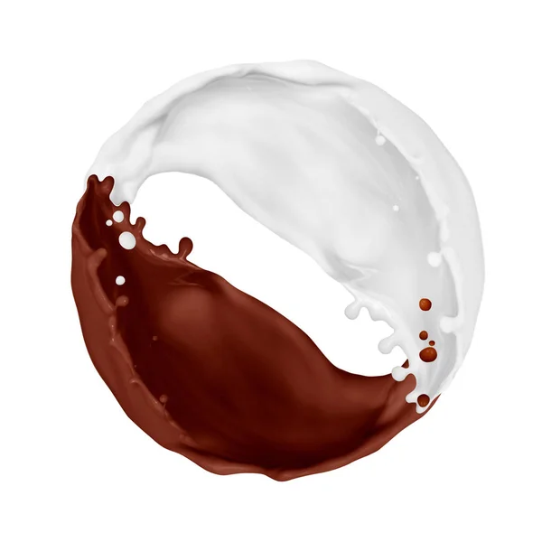 Splashes of chocolate and milk merge on white background — Stock Photo, Image