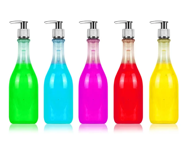 Botella cosmética en versiones multicolores aisladas en la espalda blanca — Foto de Stock