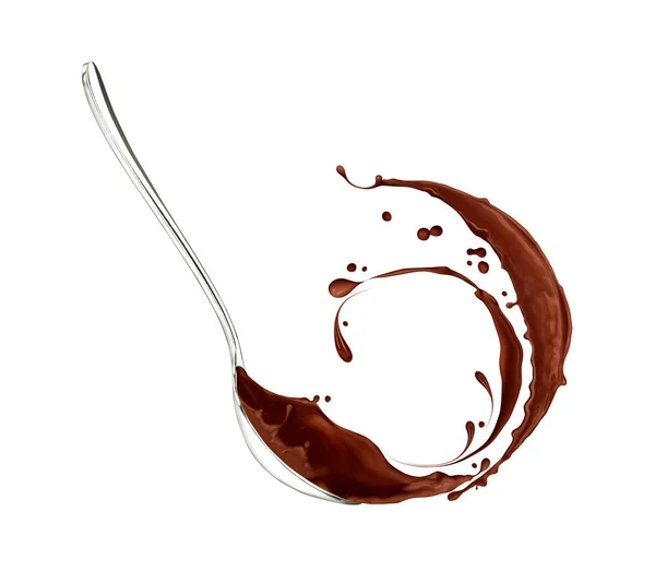 Salpicaduras de chocolate salen de la cuchara aislada en blanco — Foto de Stock