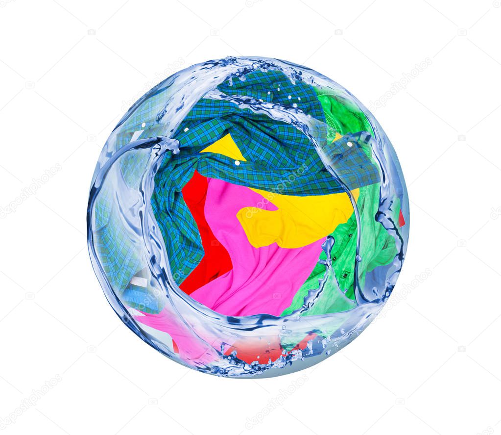 Colorful clothes rotates in splashes of water 