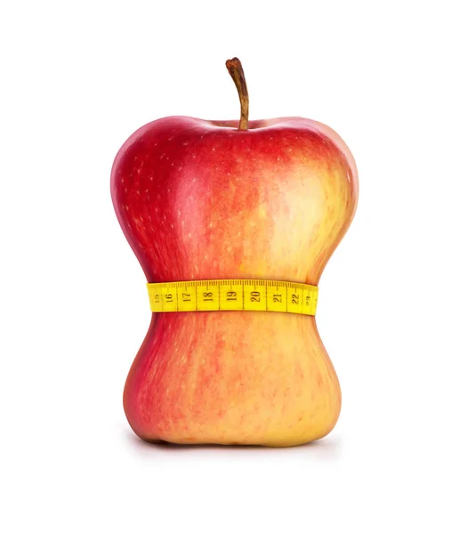 Apple with a measuring tape around it isolated on white backgrou — Stock Photo, Image