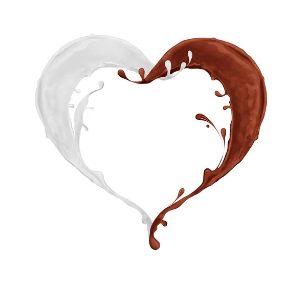 Splashes of milk and chocolate in the shape of heart — Stock Photo, Image