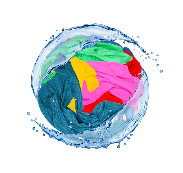 Colorful clothes rotates in splashes of water isolated on white — Stock Photo, Image