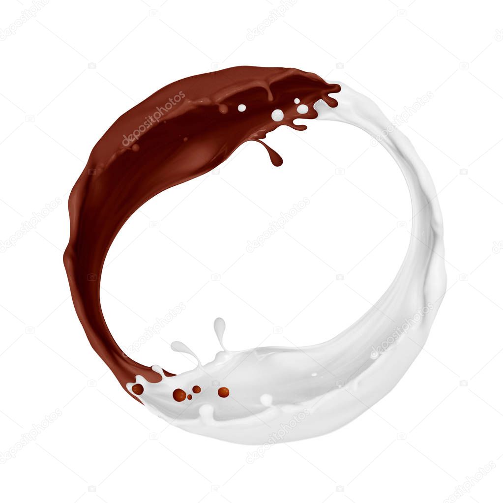 Splashes of chocolate and milk merge isolated on white