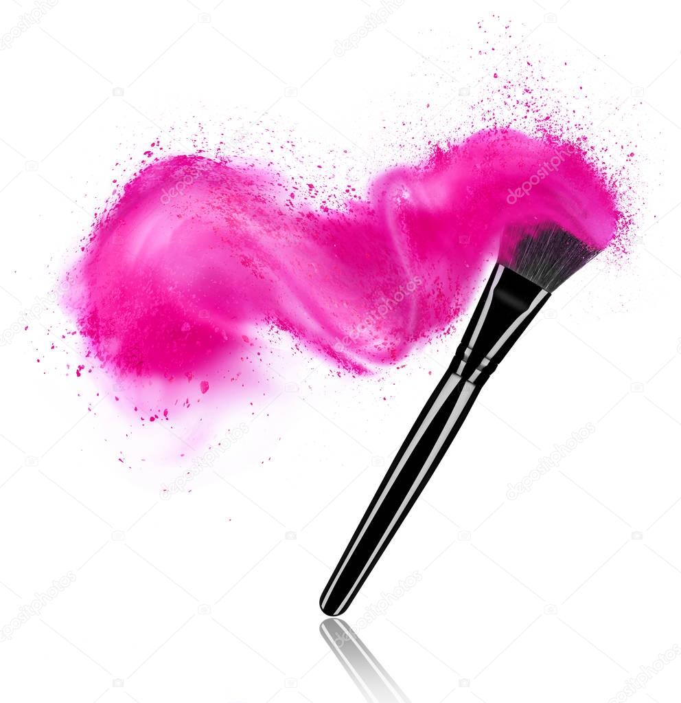 Make up brush with powder splash isolated on white background