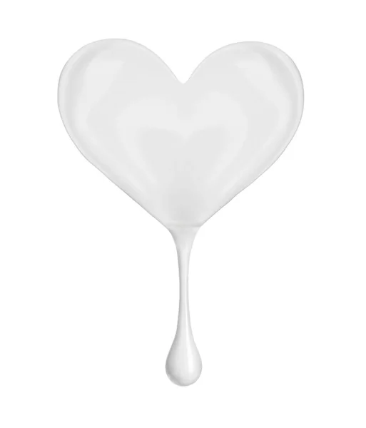 Mancha de leite ou creme na forma de um coração com gota, isolat — Fotografia de Stock