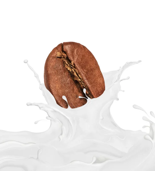 Coffee bean falls into splashes of milk, isolated on white — Stock Photo, Image