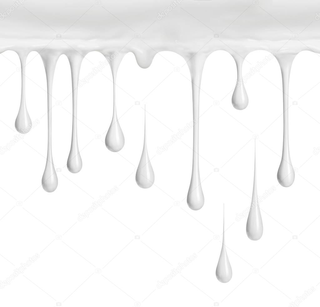 White cream or dairy drips on white background