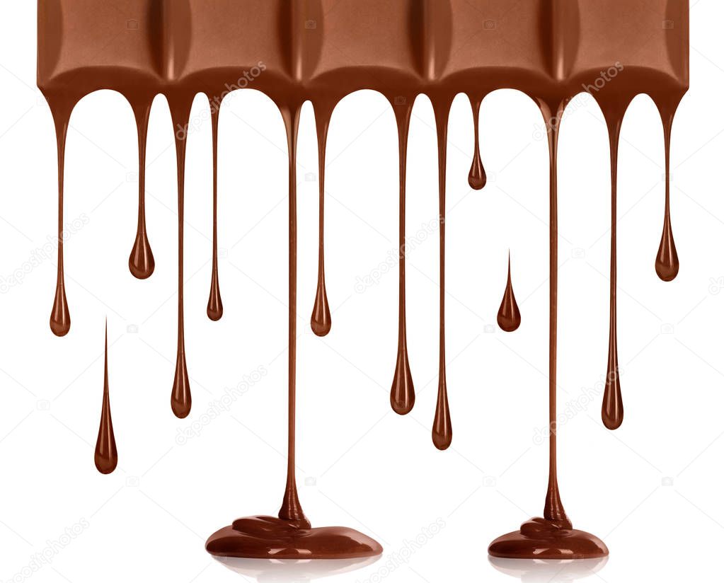 Chocolate dripping from chocolate bar, isolated on white backgro