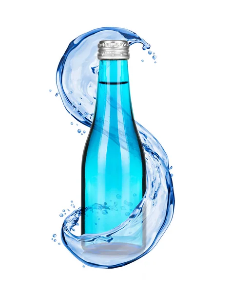 Spatten van water rond een fles op een witte achtergrond — Stockfoto