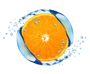 Su sıçramalarına örtmek portakal, bir dilim beyaz izole 