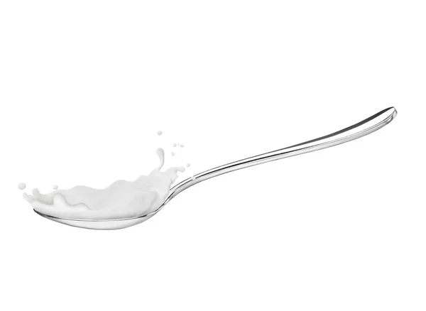 Des éclaboussures de yaourt sur une cuillère, sur fond blanc — Photo
