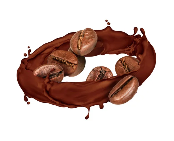 Koffiebonen draaien in chocolade spatten — Stockfoto