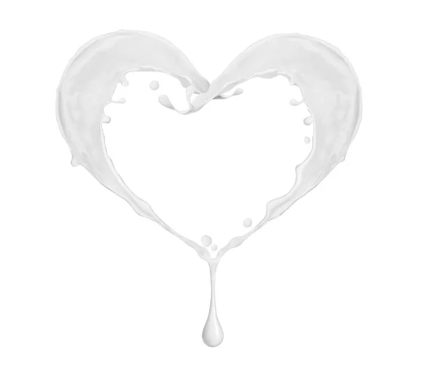 Splashes of milk in the shape of heart on white background — Stock Photo, Image