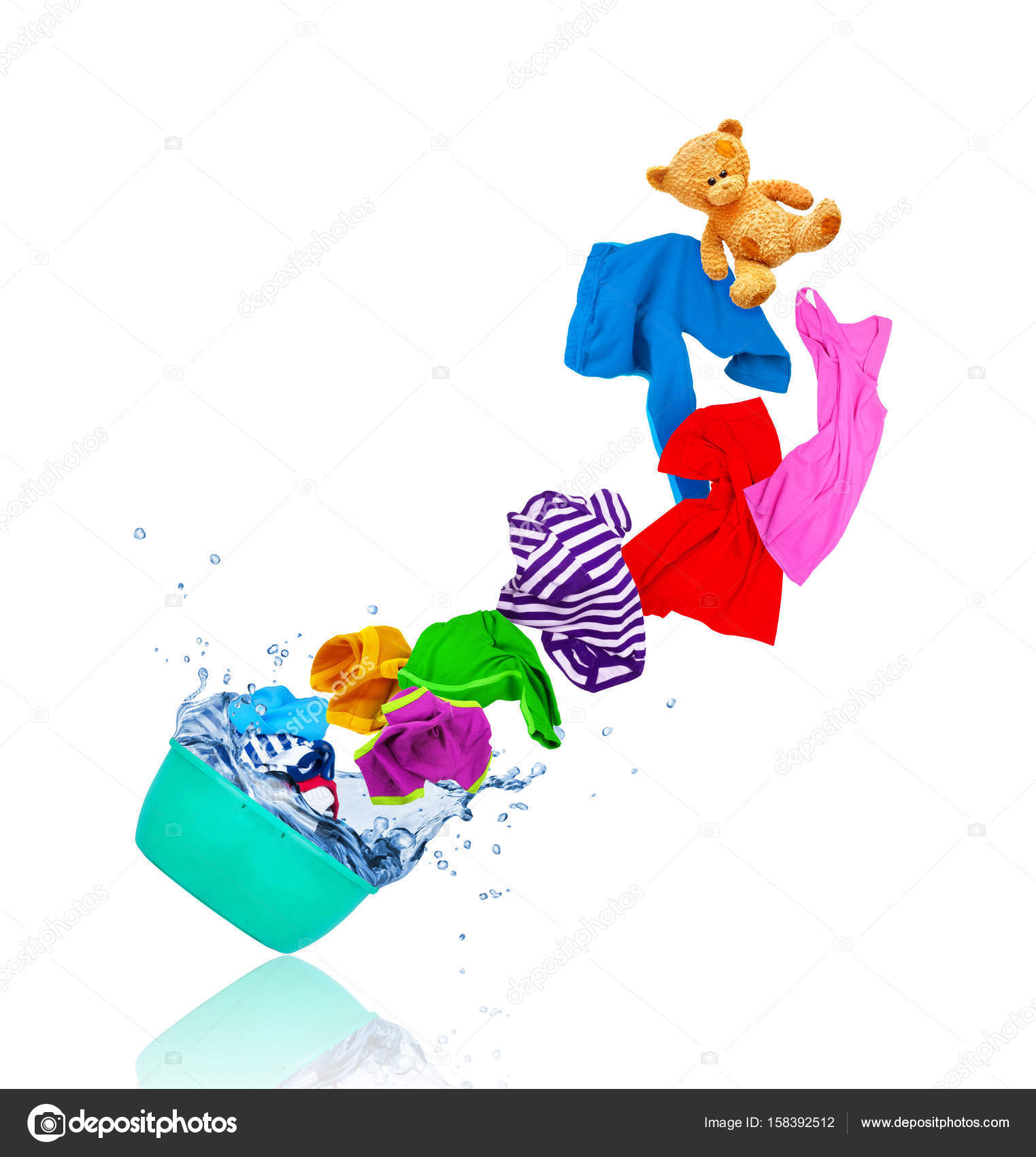 Colorful clothes flying out from wash bowl Stock Illustration by