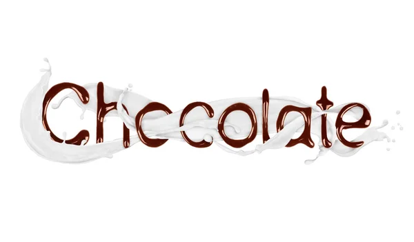 Kelime çikolata süt sıçrama ile sıvı çikolata tarafından yazıldı — Stok fotoğraf