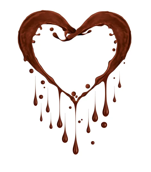 Spatten van chocolade in de vorm van hart met druppels op wit — Stockfoto
