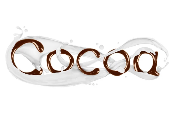 Het woord cacao geschreven door vloeibare chocolade met melk spatten — Stockfoto