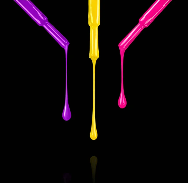 Vernizes de unhas coloridas pingando de escovas no fundo preto — Fotografia de Stock