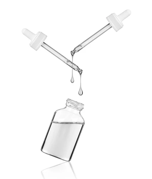 Косметическая или медицинская бутылка с двумя пипетками на белом фоне — стоковое фото