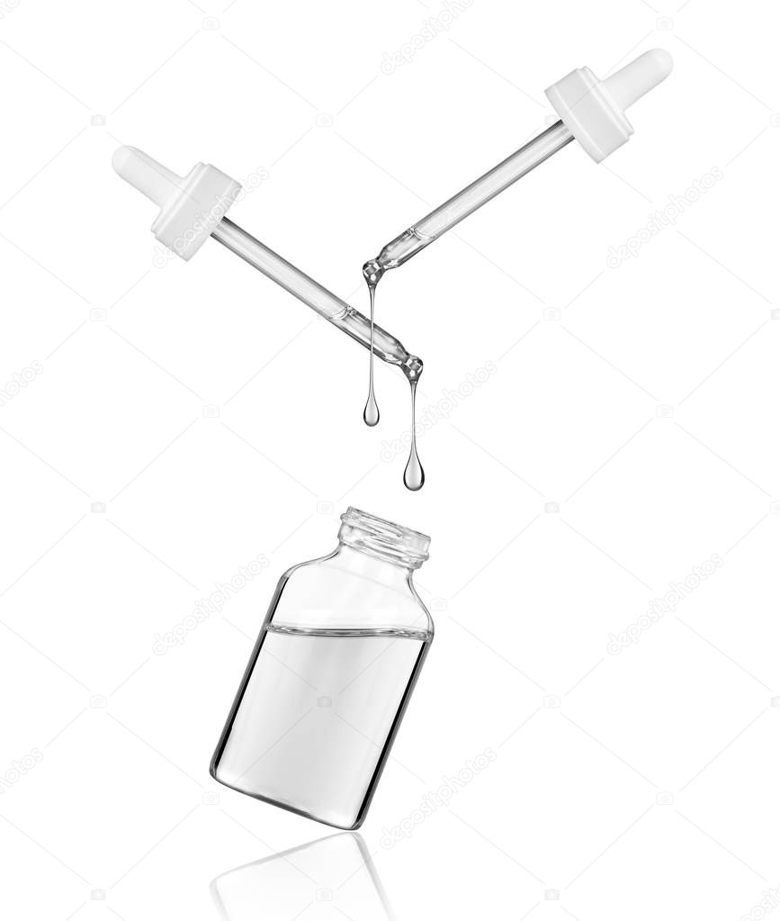 Cosmetic or medical bottle with two pipettes on white background