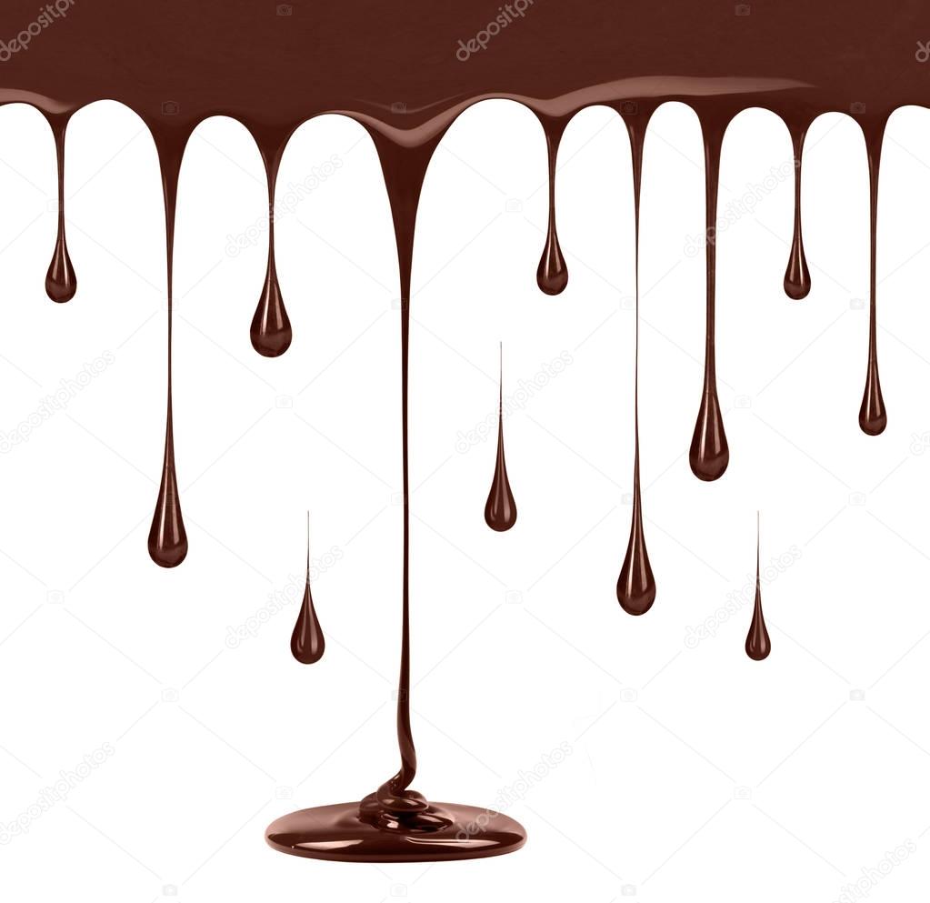 Melted chocolate drips down on a white background