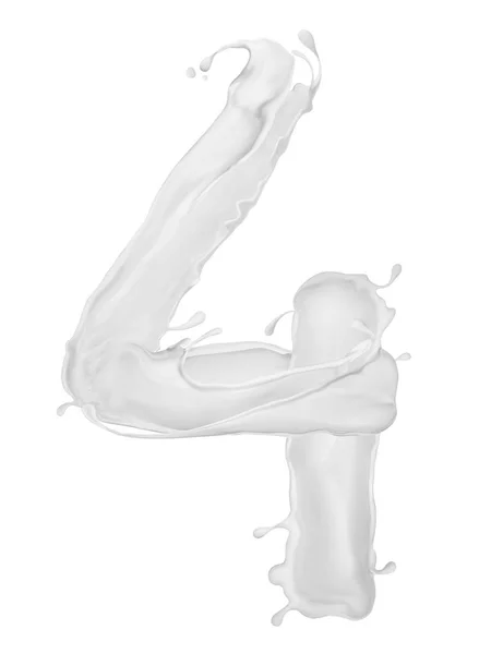 Número 4 feito de salpicos de leite no fundo branco — Fotografia de Stock