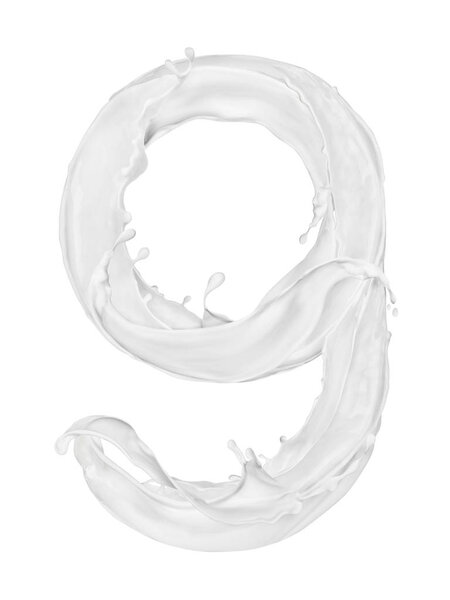 Number 9 made from splashes of milk on white background 