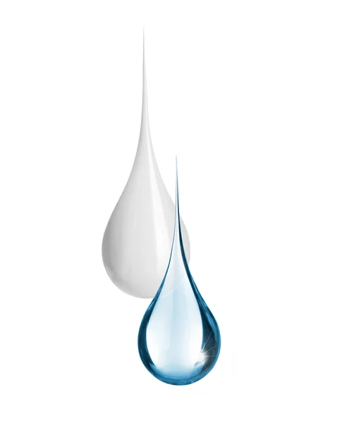 Капля молока с каплей воды, изолированной на белом — стоковое фото